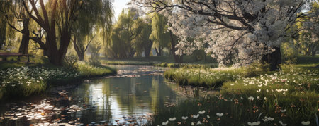A tranquil riverside with blooming willow trees and soft, dappled light.の素材