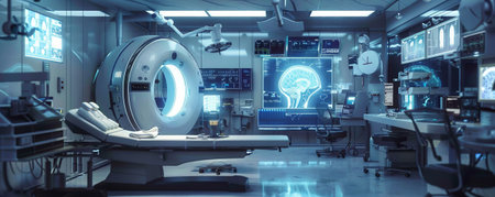 An advanced medical facility with sleek equipment and holographic patient data.の素材