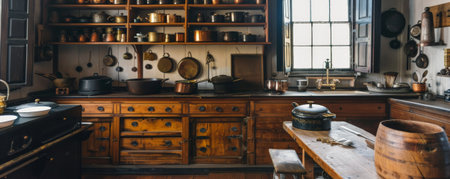 An old colonial kitchen with cast iron pots and wooden cabinetry.の素材