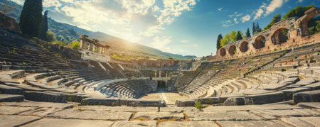An ancient Greek amphitheater with stone seating and open sky.の素材