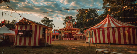 An old-timey circus with striped tents and vintage posters.の素材