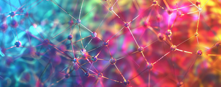 Abstract pattern of interconnected nodes and lines in vibrant colors.の素材