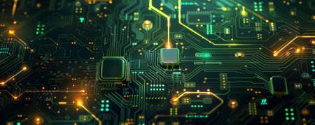 Digital circuit board pattern in green and gold with glowing elements.の素材