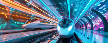 Futuristic transport hub with sleek trains, digital displays, and neon lights.の素材