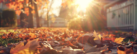 Cozy autumn background with a backyard, a pile of leaves, and golden sunlight.の素材