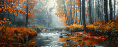 Tranquil autumn background with a forest stream, colorful trees, and a soft morning mist.の素材
