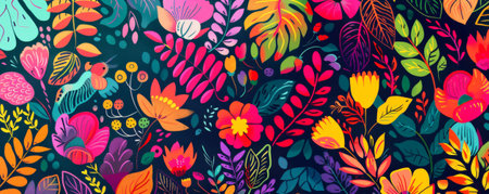 Colorful background with vibrant, floral patterns in bold hues.の素材