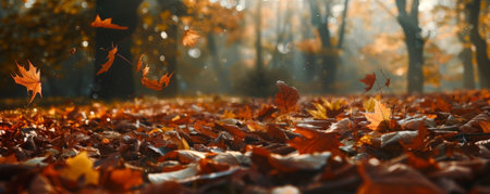 Serene autumn background with a quiet forest, a carpet of leaves, and dappled sunlight.の素材