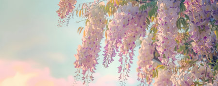 Blooming wisteria hanging from a pergola, with a soft pastel sky in the background.の素材
