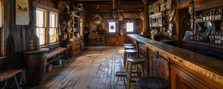 An old Western saloon with wooden bar and swinging doors.の素材