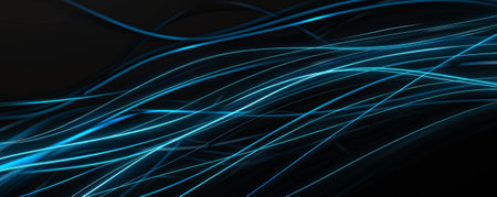 Black background with soft, glowing neon blue lines.の素材