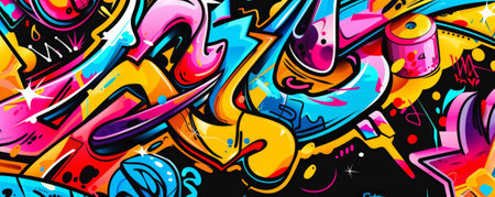 Black background with bright, bold graffiti art in multiple colors.の素材