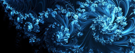 Black background with intricate, glowing blue fractal patterns.の素材