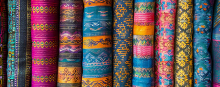 Colorful silk fabrics for sale in the bazaar of Marrakesh, Moroccoの素材
