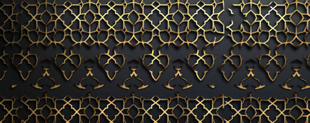 Geometric background with intricate, black and gold Moroccan patterns.の素材