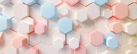 Geometric background with soft, pastel hexagons on a white canvas.の素材