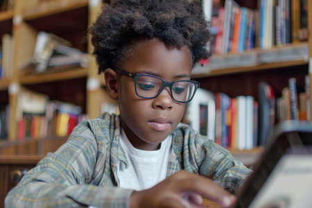 Portrait of African American boy using digital tablet in libraryの素材