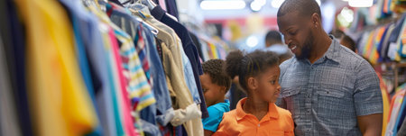 African American father and daughter shopping in clothing store. family shopping conceptの素材