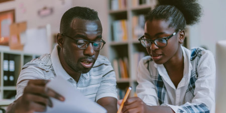 african american man and woman working on project together at officeの素材