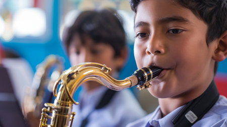 a Hispanic boy practicing a musical instrument in school bandの素材