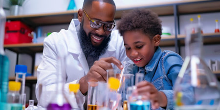 a Black teacher helping a student with a science fair projectの素材