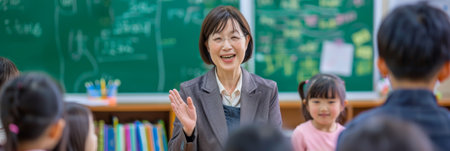 Asian teacher and students in classroom. Asian teacher and students in classroom.の素材