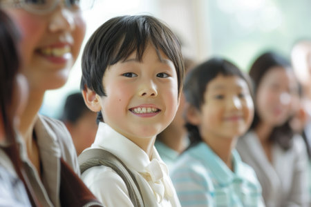 Asian children in school elementary classroom smiling and looking at camera with teacherの素材