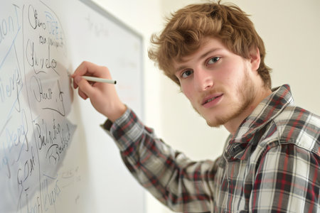 Portrait of a young man drawing on a blackboard in a classroomの素材