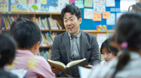 Asian teacher reading book to his students in classroom. Education concept.の素材