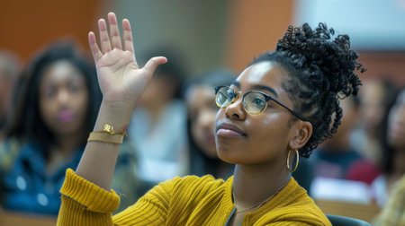 an African American student raising their hand to answer a questionの素材