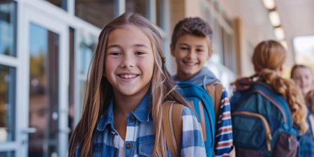 Caucasian students eagerly entering school on the first day backの素材