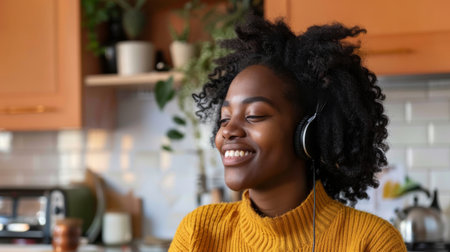 a Black woman listening to a motivational podcast while preparing breakfastの素材
