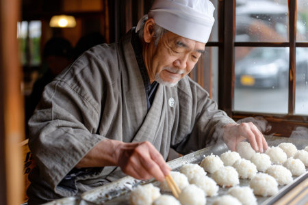 a Japanese man making fresh onigiri (rice balls) for breakfastの素材