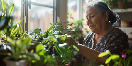 a Hispanic woman watering her indoor plants as part of her morning routineの素材