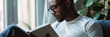 a Black man reading a motivational book as part of his morning routineの素材