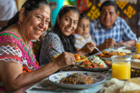 a Hispanic family enjoying a traditional breakfast together with fresh ingredients and colorful dishesの素材