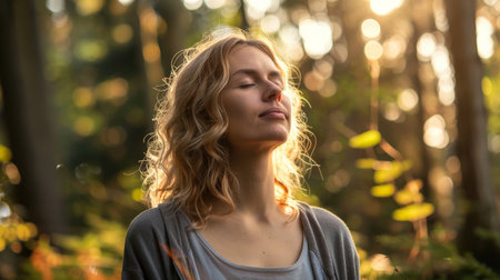 a Caucasian woman practicing mindfulness on a forest trail during her morning walkの素材