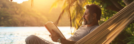 a Latin American man reading a classic novel with morning coffee in a hammockの素材