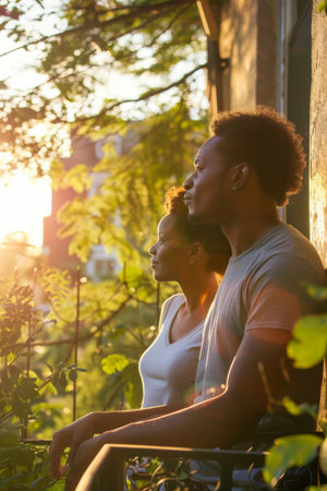 an African American couple sharing a peaceful moment on their balcony, enjoying the morning sunの素材