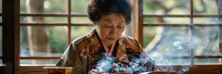 a Japanese woman lighting incident and reading a book as part of her morning routineの素材