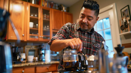 a Hispanic man preparing his favorite coffee brew with a French press in his kitchenの素材
