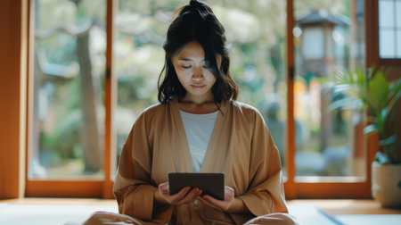 a Japanese woman doing a guided meditation session with her tablet in a minimalist roomの素材