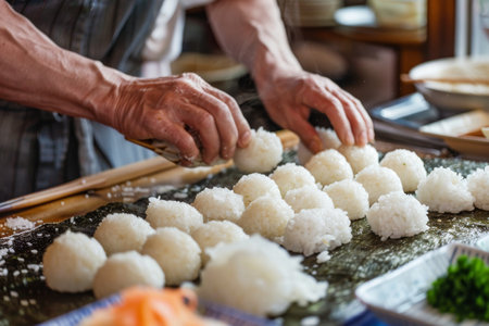 a Japanese man making fresh onigiri (rice balls) for breakfastの素材
