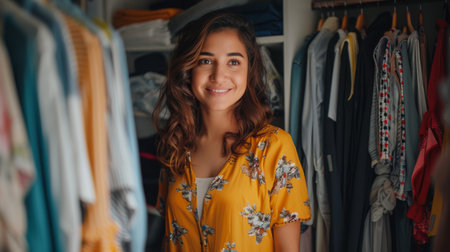 a Latin American woman organizing her closet with seasonal clothes in the morningの素材