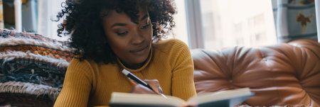 an African American woman using a gratitude journal to write down things she's grateful for each morningの素材
