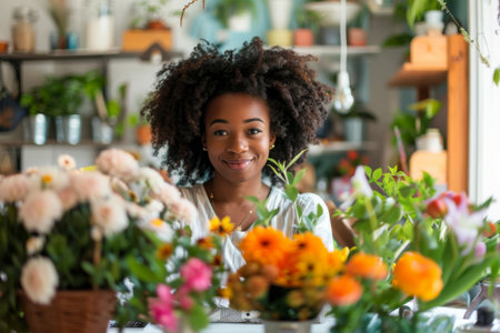 an African American woman arranging her workspace with fresh flowers and motivational quotesの素材