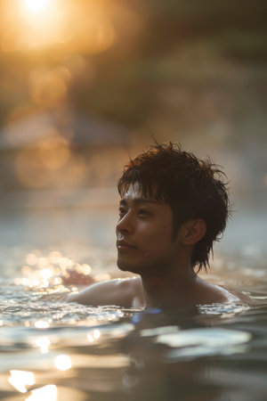 a Japanese man enjoying a traditional hot spring bath (onsen) in the early morningの素材