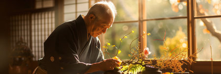 a Japanese man practicing Ikebana (flower arranging) in the morning lightの素材