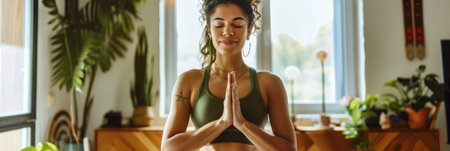 a Latin American woman practicing yoga with a YouTube class in her boho-inspired living roomの素材