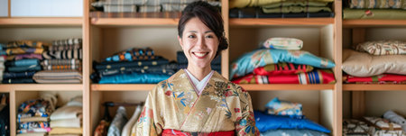 a Japanese woman organizing her wardrobe with traditional and modern clothingの素材